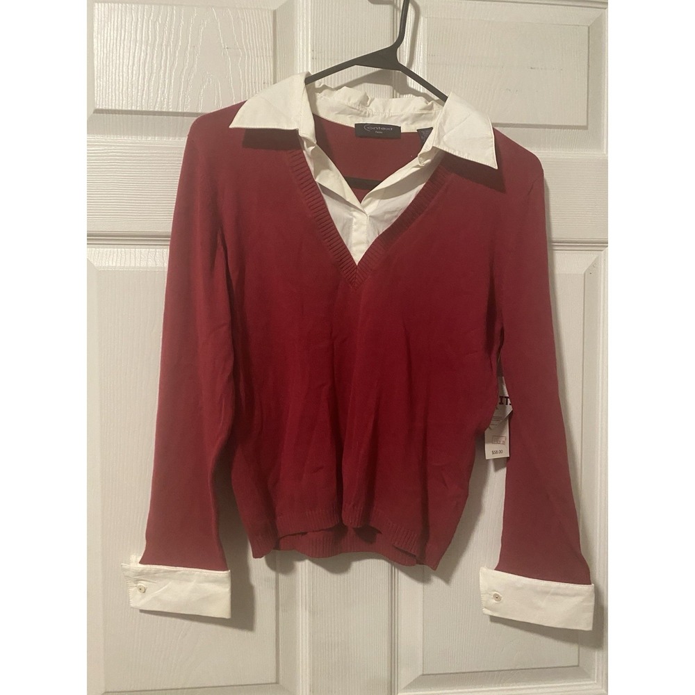 Context Women's V Neck Red Pullover Sweater w/ Built In White Collar - Sz PXL